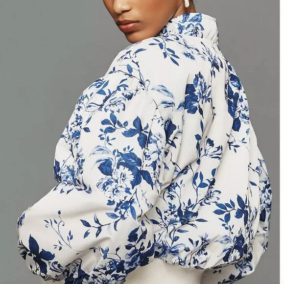 NWT Anthropologie Cropped Floral Print Bomber Jacket Color: BLUE MOTIF BLUE MOTI - Picture 3 of 10